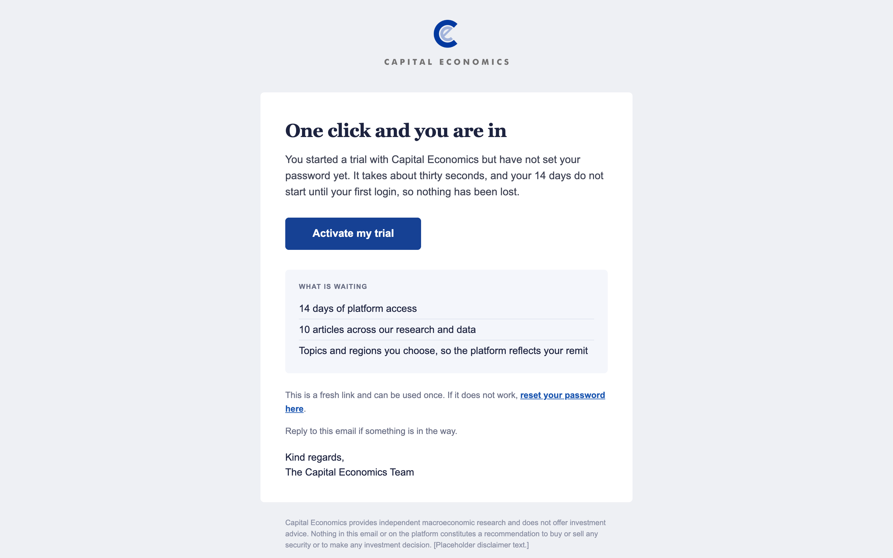 Preview of the Activation Reminder email