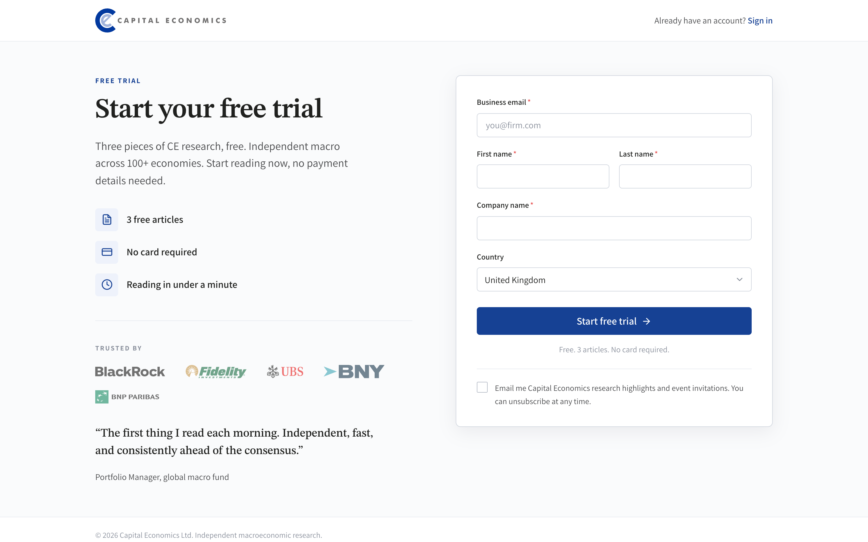 Preview of the Start Free Trial page